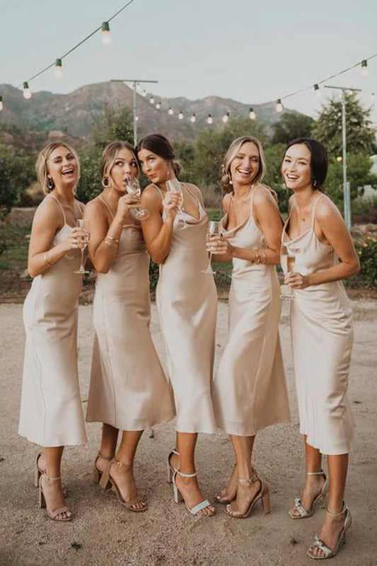 Thin shoulder strap A-line long dress fashionable simple and elegant high-end color satin tea long bridesmaid dress