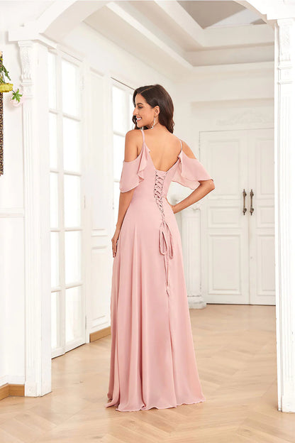 Elegant pink thin shoulder strap chiffon cold shoulder slit with pocket long bridesmaid dress