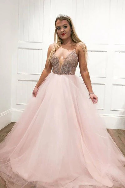Italian spaghetti long A-line pink lace sheer elegant dance dress