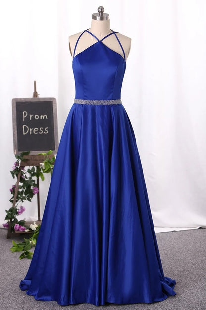 Open neck party dress with skinny straps satin and beaded A-line dress