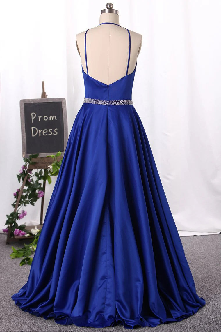 Open neck party dress with skinny straps satin and beaded A-line dress