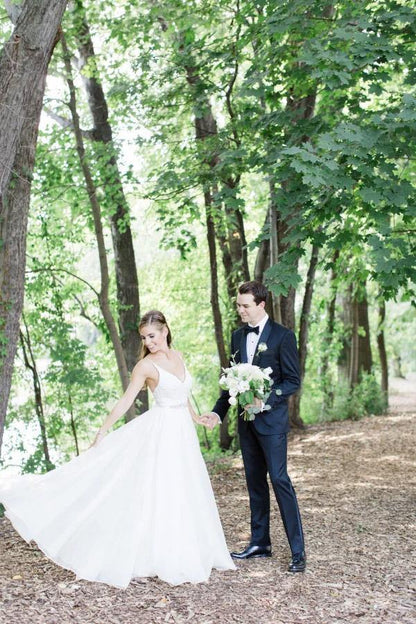 Elegant thin shoulder strap wedding dress A-line sheer with crystal waistband