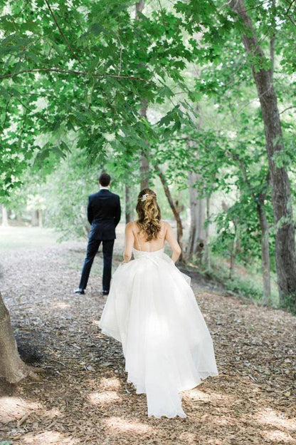 Elegant thin shoulder strap wedding dress A-line sheer with crystal waistband