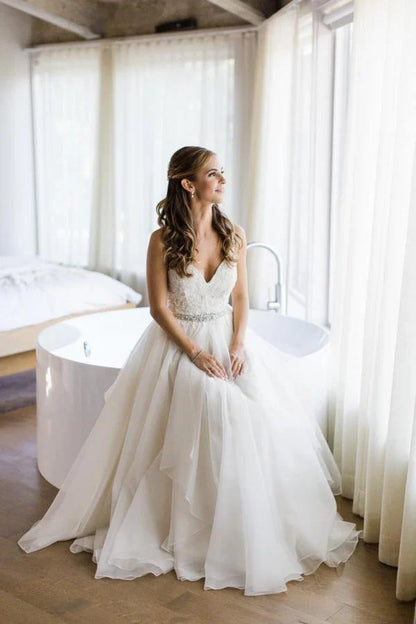 Elegant thin shoulder strap wedding dress A-line sheer with crystal waistband