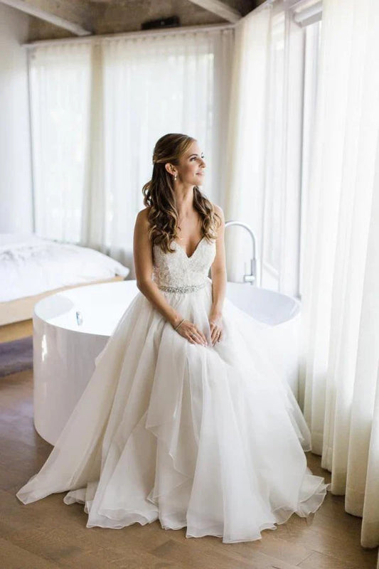 Elegant thin shoulder strap wedding dress A-line sheer with crystal waistband