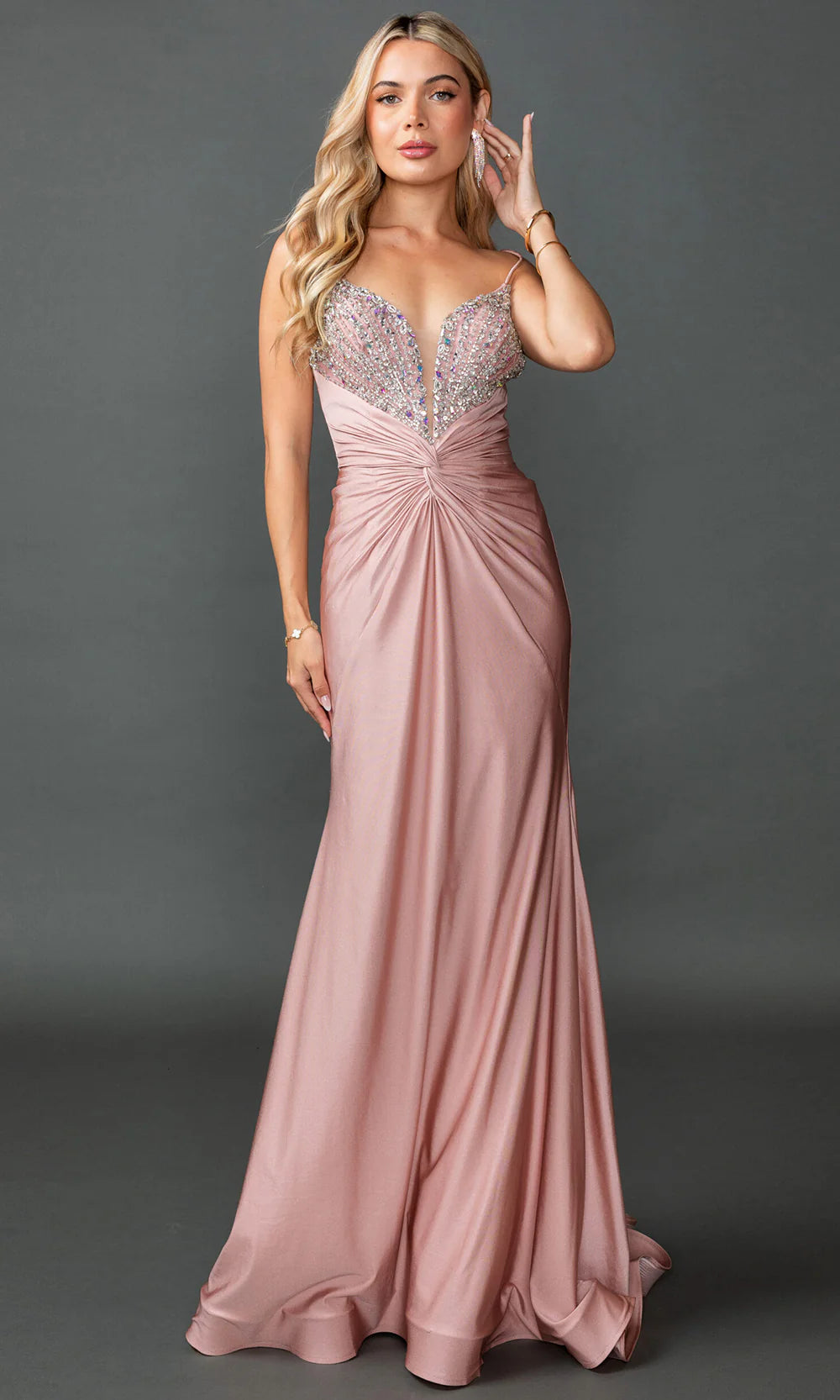 Spaghetti Strap Beaded Sweetheart Lace Up Back Ruched Blush Pink Satin Mermaid Chapel Train Prom Dresses