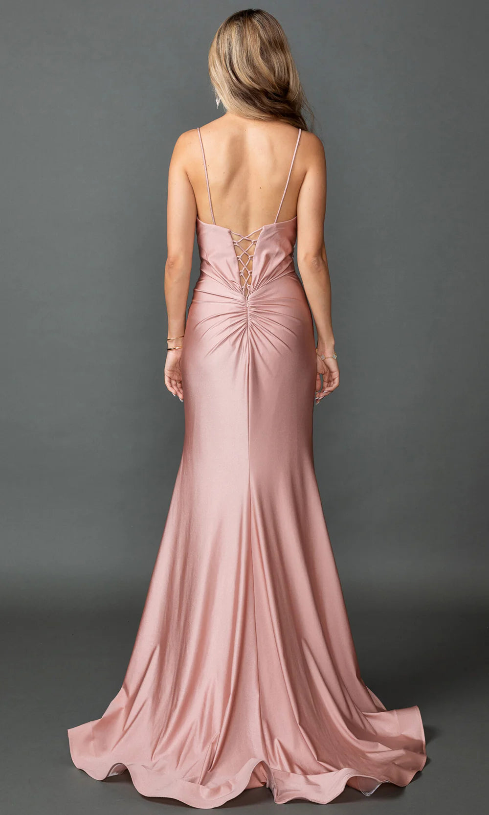 Spaghetti Strap Beaded Sweetheart Lace Up Back Ruched Blush Pink Satin Mermaid Chapel Train Prom Dresses