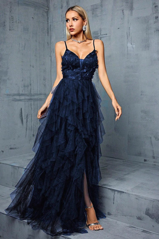 Spaghetti Strap Navy Blue 3D Floral Ruffled Tulle Evening Dresses with Front Slit and Floor-Length Skirt