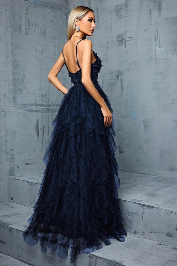 Spaghetti Strap Navy Blue 3D Floral Ruffled Tulle Evening Dresses with Front Slit and Floor-Length Skirt