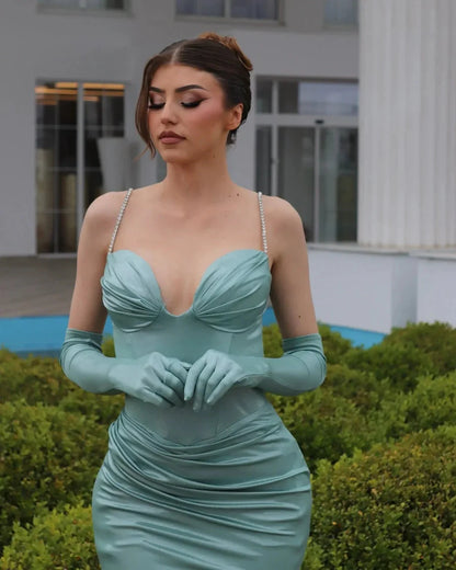 Spaghetti Strap Ruched Satin Evening Dresses (Mint Green)