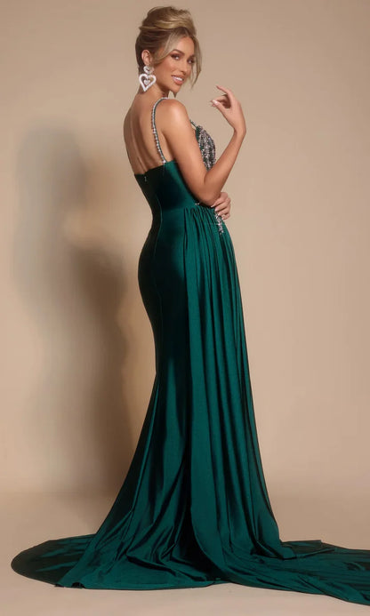 Spaghetti Strap Sweetheart Crystal Embellished High Slit Emerald Green Satin Mermaid Cathedral Train Prom Dresses