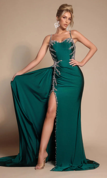 Spaghetti Strap Sweetheart Crystal Embellished High Slit Emerald Green Satin Mermaid Cathedral Train Prom Dresses