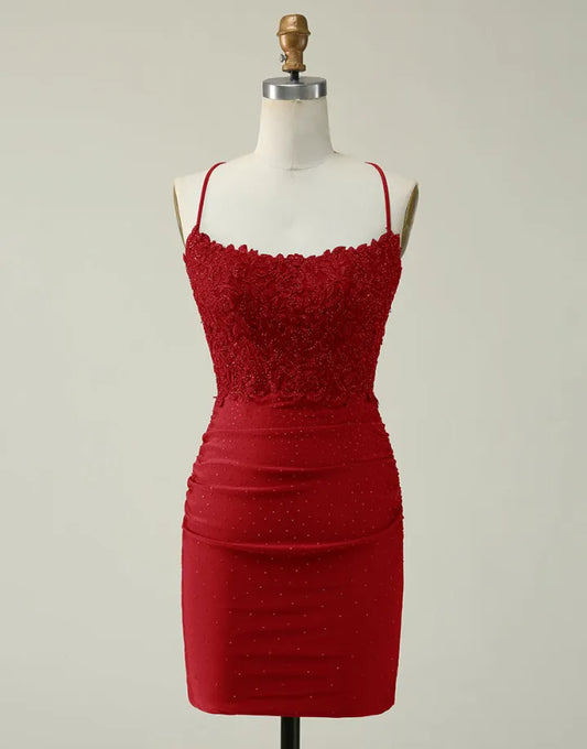 Deep red elegant and sexy spaghetti strap short back to school dress