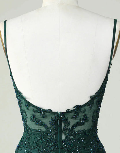Slim Fit Italian Noodle Strap Dark Green Short Tight Back to School Party Dress