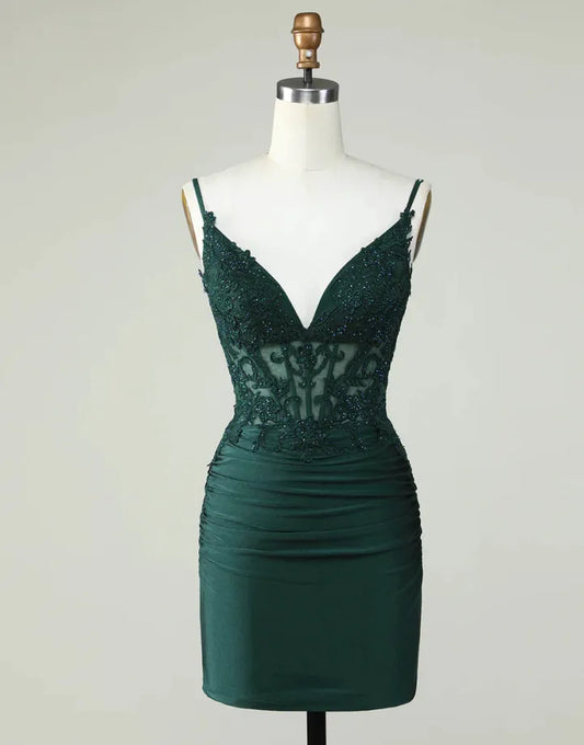 Slim Fit Italian Noodle Strap Dark Green Short Tight Back to School Party Dress