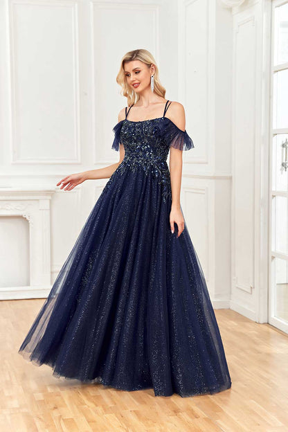 Shiny A-shaped Off Shoulder Tulle Sticker Beaded Lotus Edge Ball Party Dress