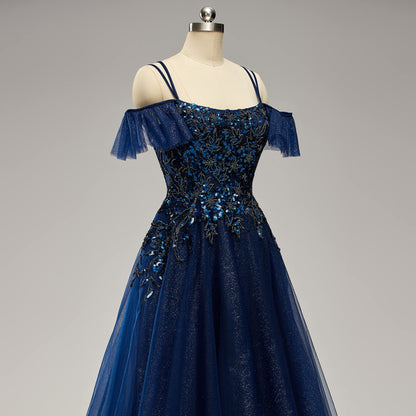 Sparkling and sexy A-line off shoulder tulle embellished bead ruffled ball dress