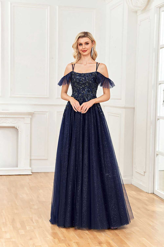 Shiny A-shaped Off Shoulder Tulle Sticker Beaded Lotus Edge Ball Party Dress