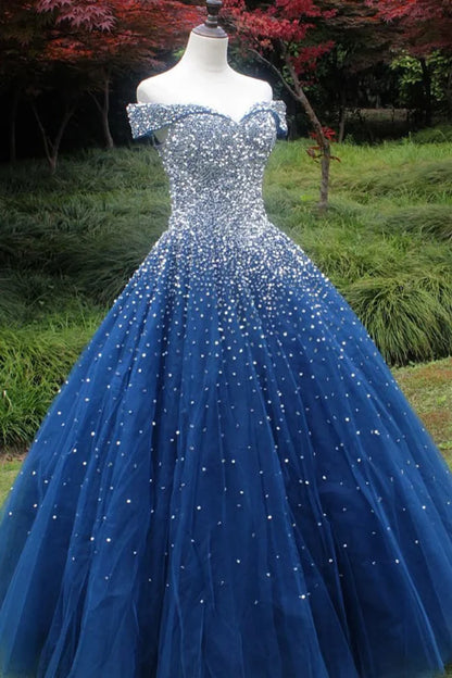 Sparkling and sexy off the shoulder ball dress, a fluffy sheer dress
