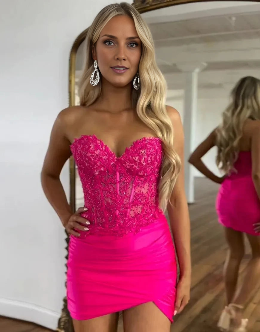 Sparkling bead decals, tight fitting lace cut, add a touch of luxury to Homecoming Dresses