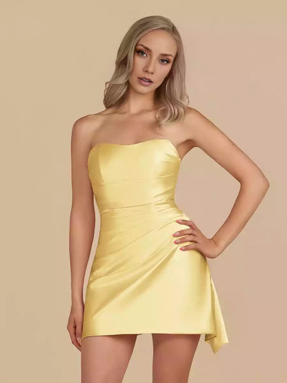 Sparkling satin close fitting cut, off shoulder, irregular hem, sleeveless Homecoming Dresses