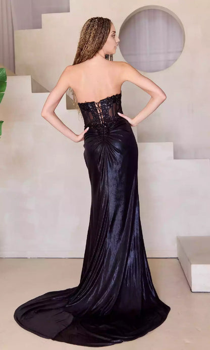 Sparkling strapless long corset with sheer back straps, pleats, side slits, and a trailing trail, showcasing a charming style Prom Dresses