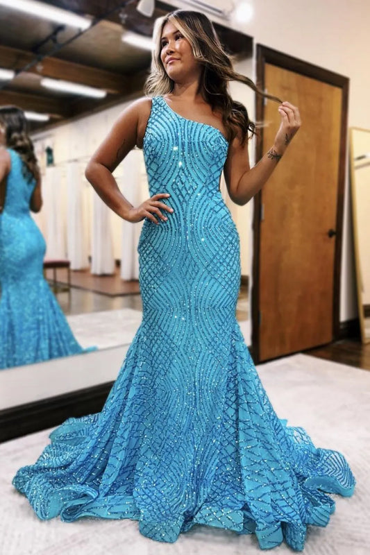 Sparkling Slim Fit Blue Mermaid One Shoulder Shiny Piece Long Ball Dress