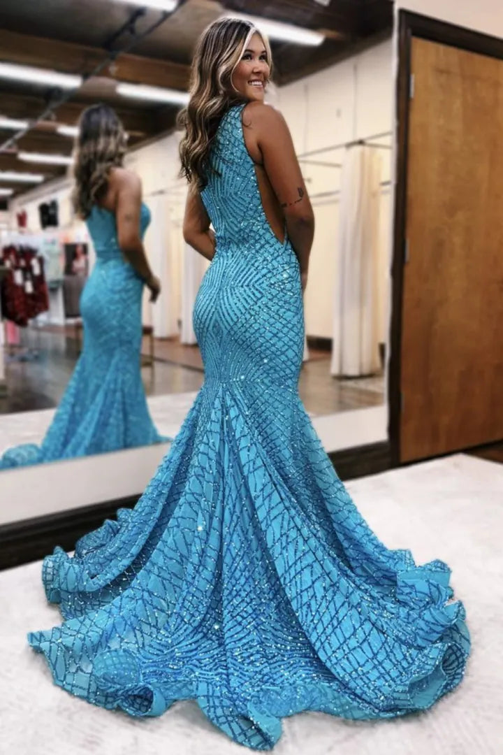 Sparkling Slim Fit Blue Mermaid One Shoulder Shiny Piece Long Ball Dress