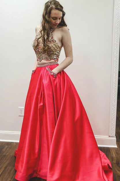 Sparkling two-piece pearl satin red high necked dance dress with pockets