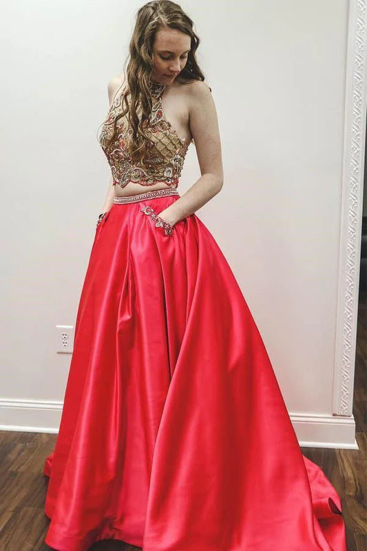Sparkling two-piece pearl satin red high necked dance dress with pockets