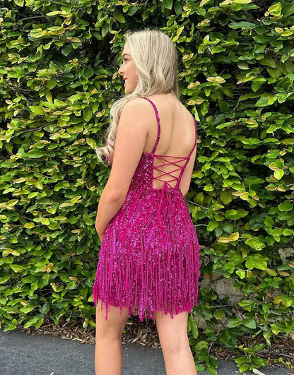 Italian Noodle Strap Short Tight Sequins Back to School Dress with Tassels