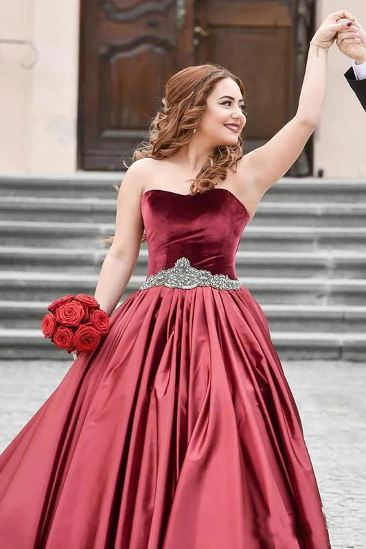 Burgundy Velvet Sweetheart Bead Strapless Waistband Pleated Satin Ball Dress