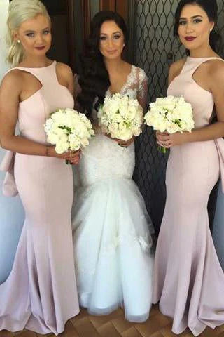 Elegant mermaid long pink bridesmaid dress with open back