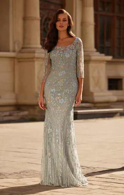 Square Neck 3/4 Sleeve Floral Lace Appliqué Sage Green Tulle Mermaid Chapel Train Prom Dresses