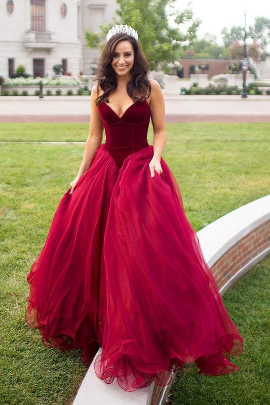 Sexy strapless A-line long V-neck sheer Burgundy sleeveless floor dance dress