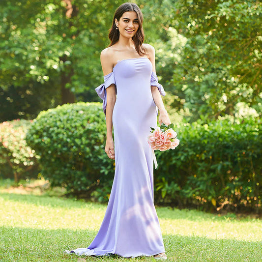 Purple Off Shoulder and Groundlength Mermaid Bridesmaid Wedding Dress