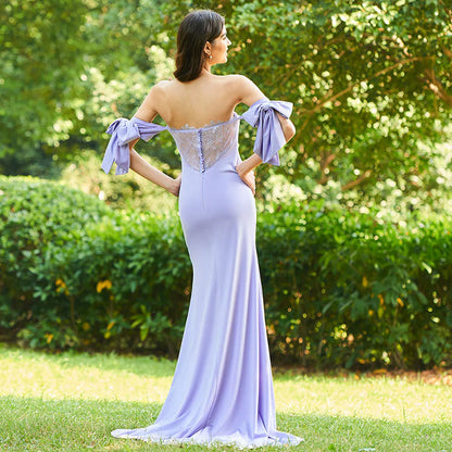 Purple Off Shoulder and Groundlength Mermaid Bridesmaid Wedding Dress