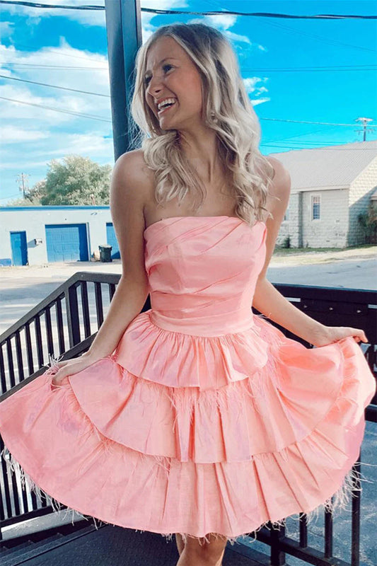 Sexy strapless satin multi-layer cute feather cocktail dress for teenagers