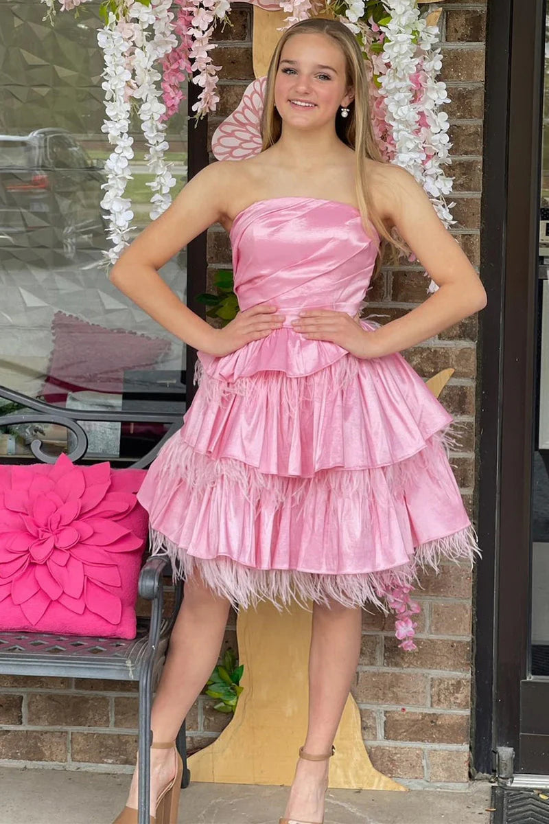 Sexy strapless satin multi-layer cute feather cocktail dress for teenagers
