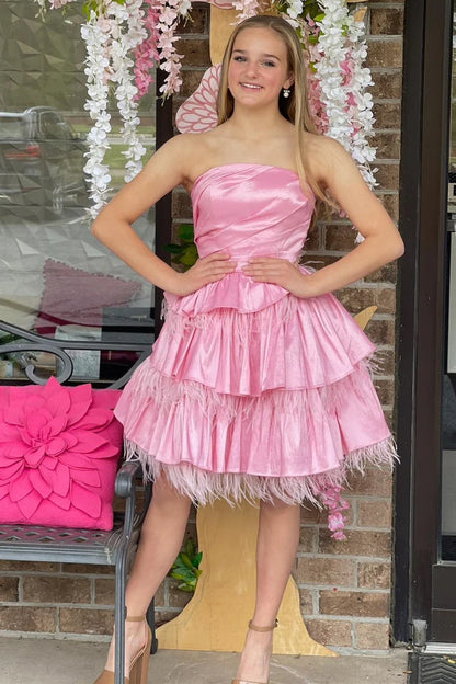 Sexy strapless satin multi-layer cute feather cocktail dress for teenagers