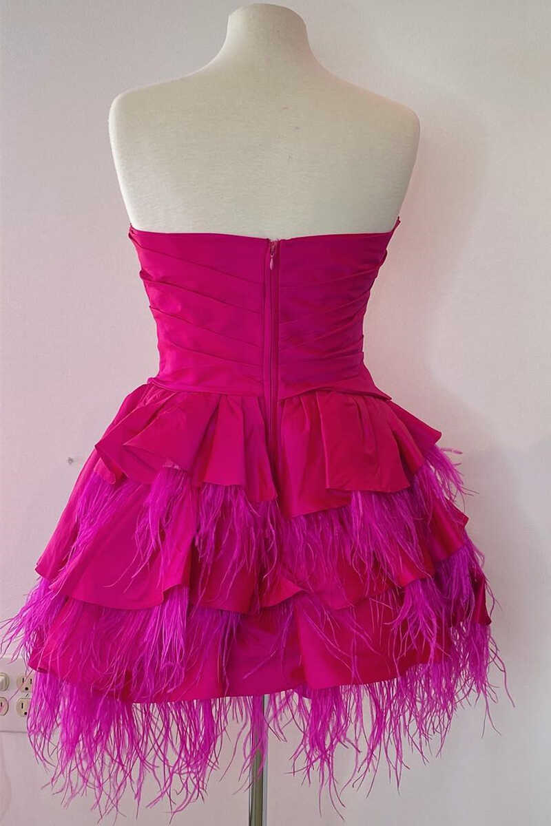 Sexy strapless satin multi-layer cute feather cocktail dress for teenagers