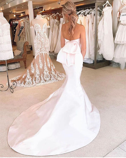 Strapless satin bow elegant mermaid wedding dress