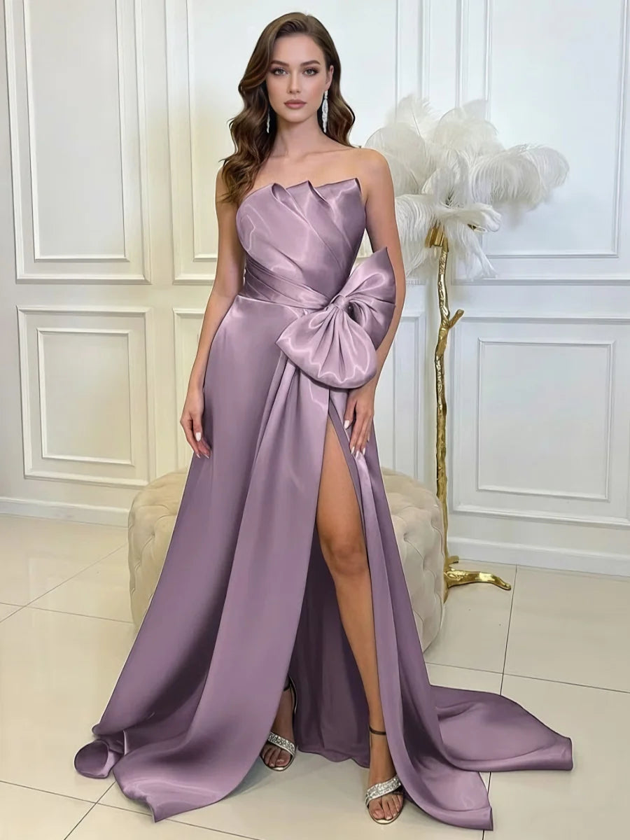 Strapless Satin Evening Dress with Oversized Side Bow, High Thigh Slit & Cathedral Train