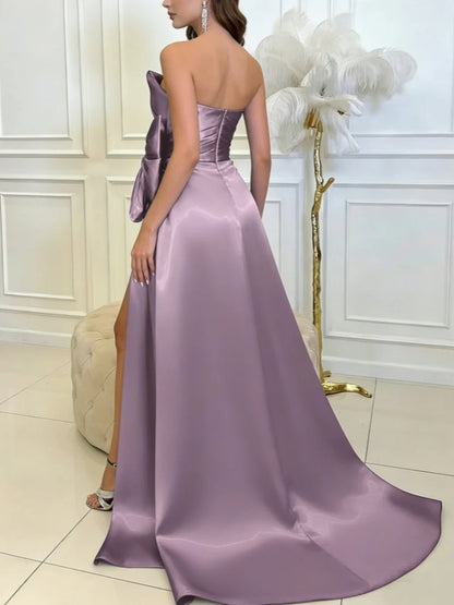 Strapless Satin Evening Dress with Oversized Side Bow, High Thigh Slit & Cathedral Train