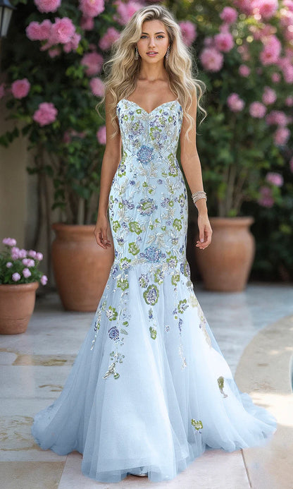 Strapless Sweetheart 3D Floral Appliqué Lace Embroidery Sky Blue Tulle Mermaid Chapel Train Prom Dresses