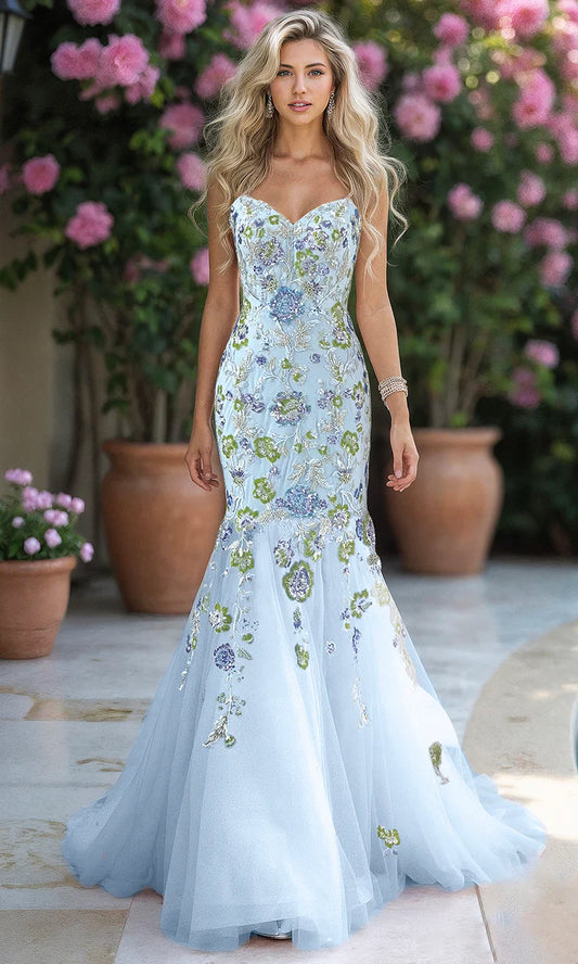 Strapless Sweetheart 3D Floral Appliqué Lace Embroidery Sky Blue Tulle Mermaid Chapel Train Prom Dresses