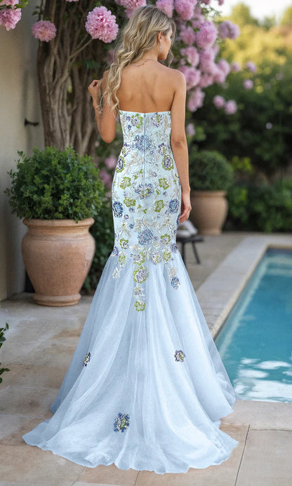 Strapless Sweetheart 3D Floral Appliqué Lace Embroidery Sky Blue Tulle Mermaid Chapel Train Prom Dresses