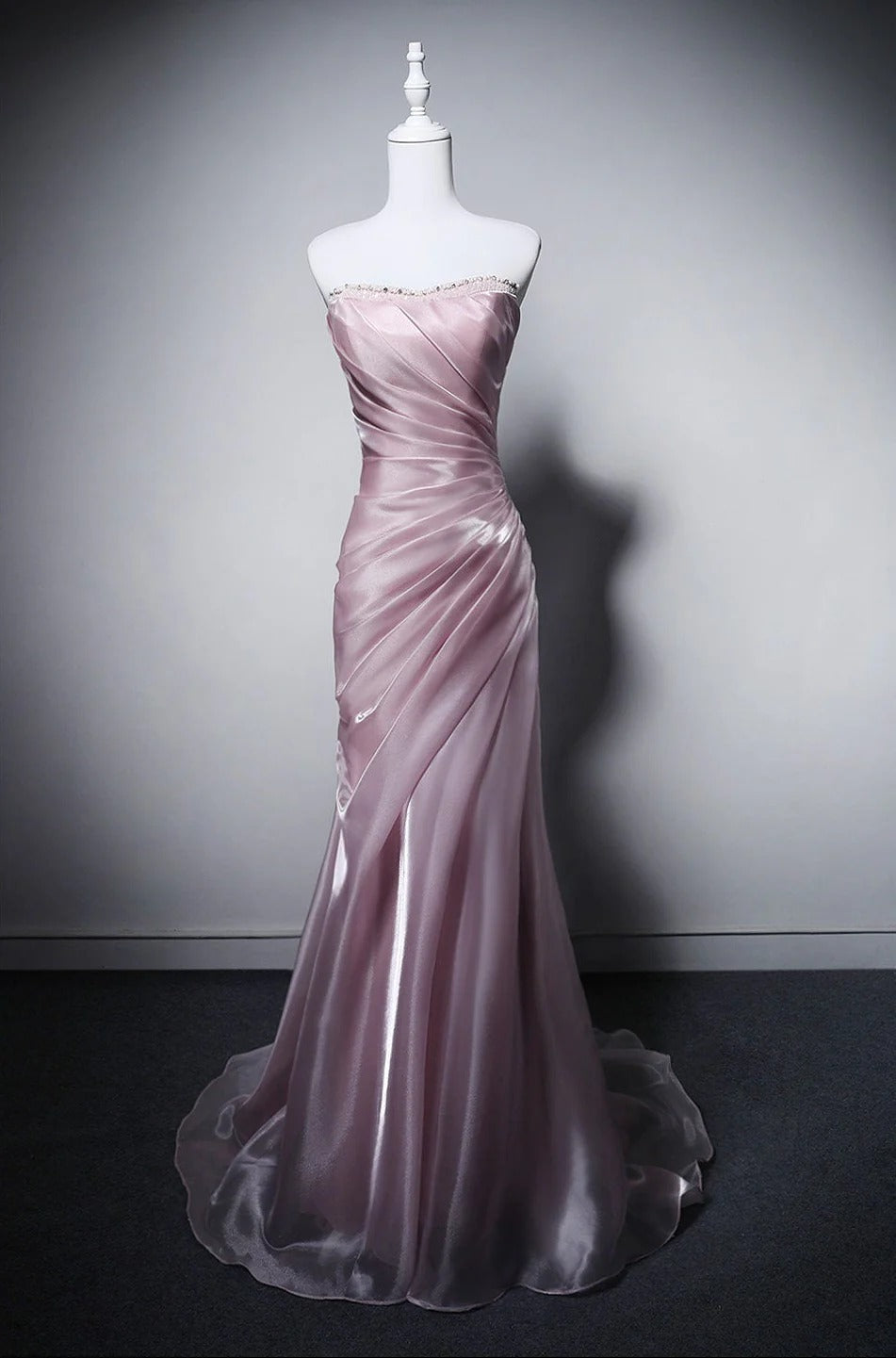 Strapless Sweetheart Beaded Ruched Satin Mermaid Train Evening Dresses with Lace Up Back