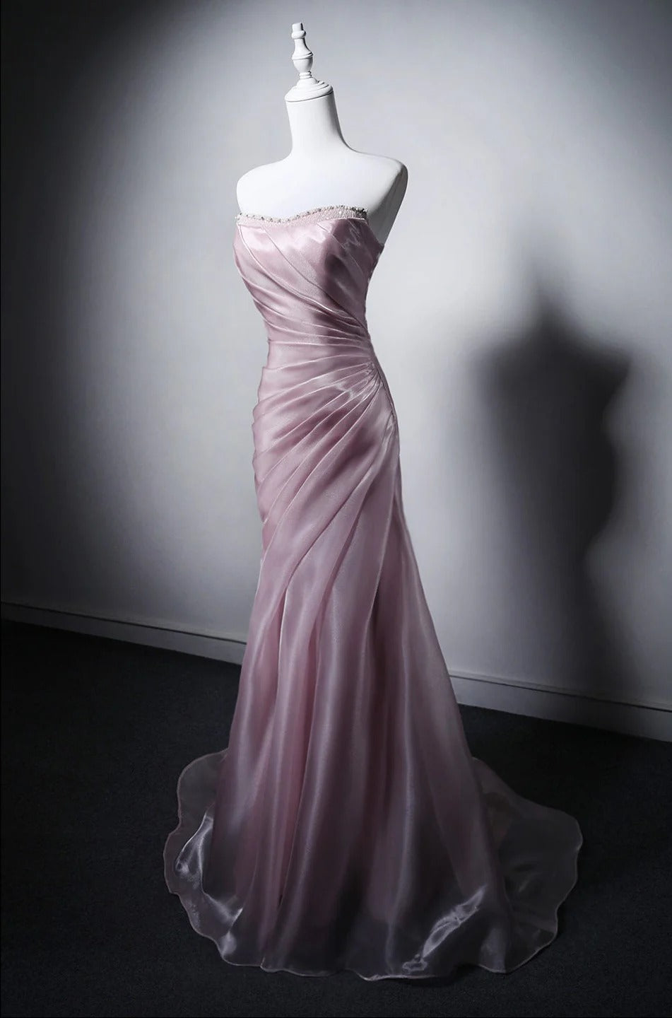 Strapless Sweetheart Beaded Ruched Satin Mermaid Train Evening Dresses with Lace Up Back