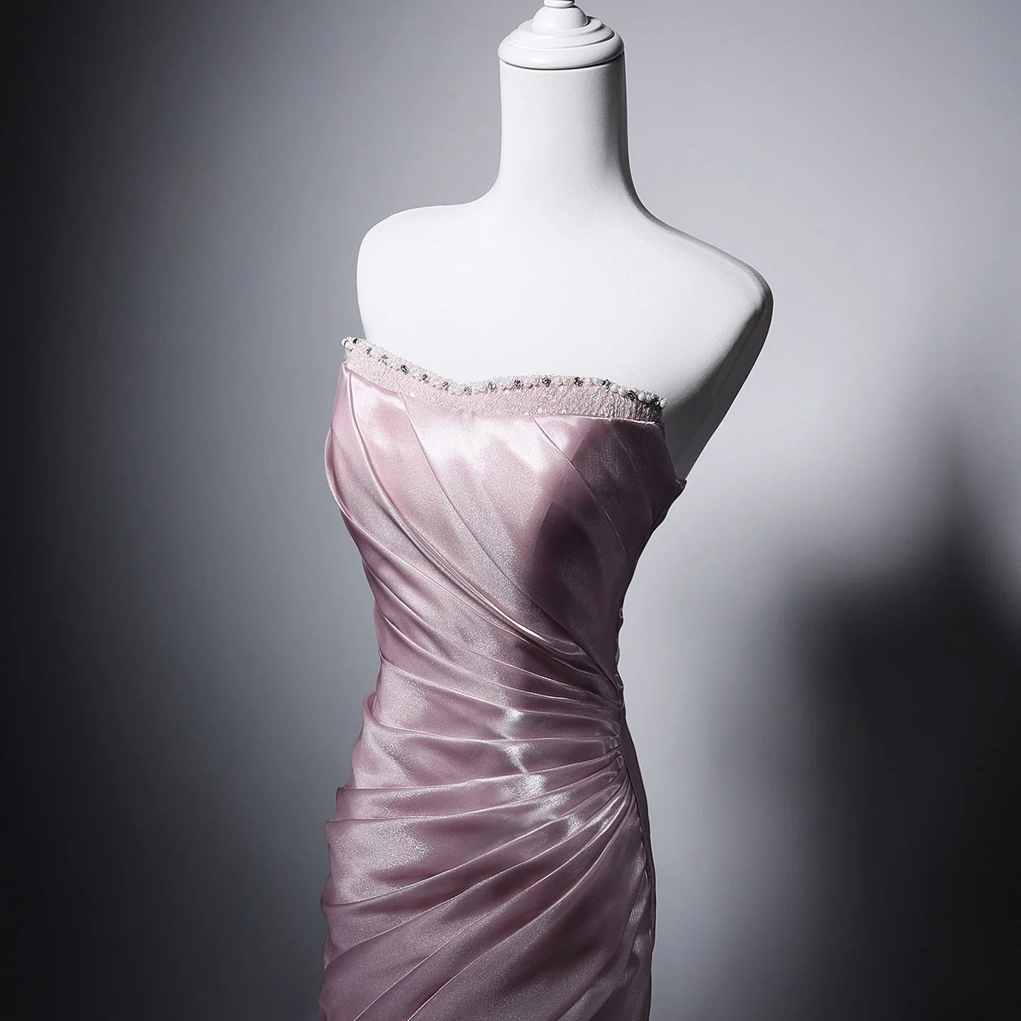 Strapless Sweetheart Beaded Ruched Satin Mermaid Train Evening Dresses with Lace Up Back